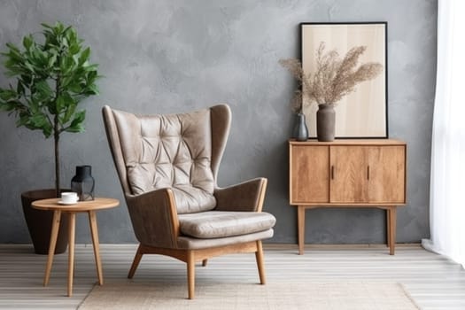 Wing chair near rustic wooden coffee table. Interior design of scandinavian living room with frames.