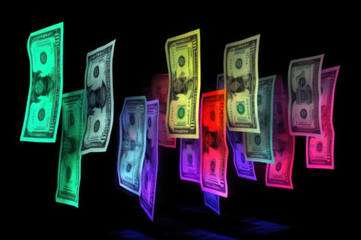 dollar bills falling with Neon colorful background.
