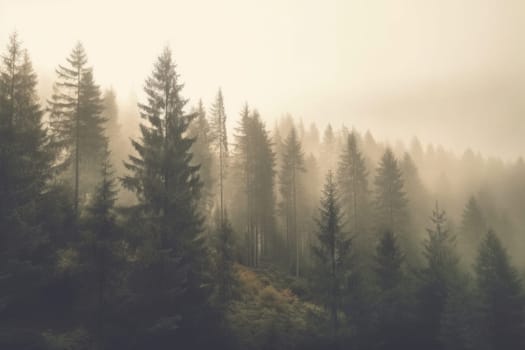 Misty landscape with fir forest in hipster vintage retro style, Vintage foggy mountain landscape.