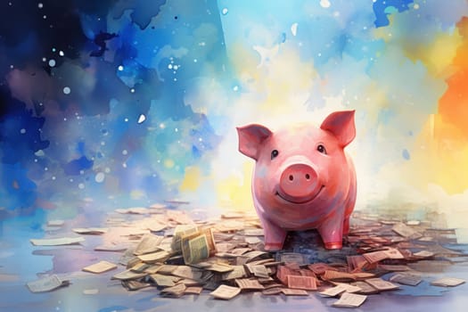 A lot of dollar money with piggy bank.