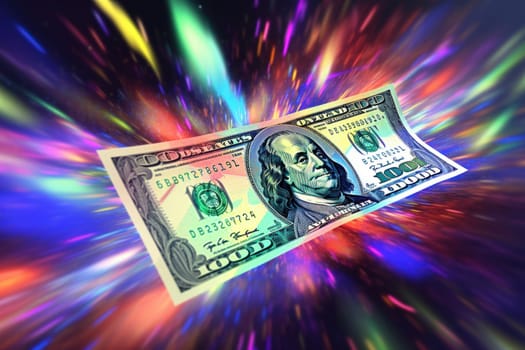 dollar bills falling with colorful abstract background.