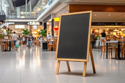 Advertising blank Blackboard, Blank restaurant shop sign or menu boards in shopping mall center, Blackboard sign mockup in front of a restaurant Signboard, Generative AI.