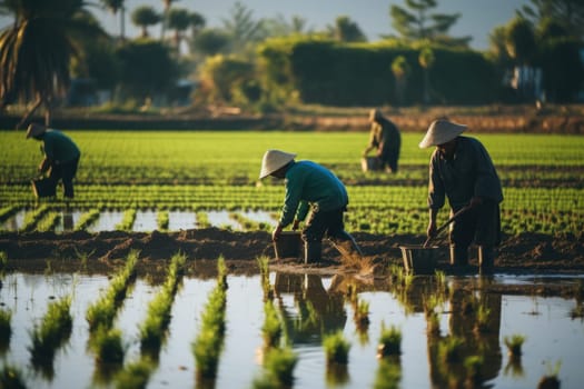 Agriculture of Asia Local Thai farmers are planting rice fields.