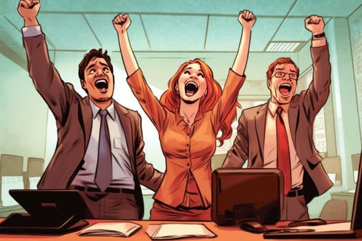 Group of successful happy business people in office celebrating Generative AI.