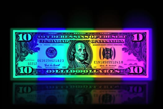 dollar bills falling with Neon colorful background.