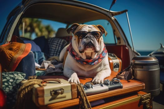 Car trunk with cute Dog and luggage Dog Travel concept Generative AI.