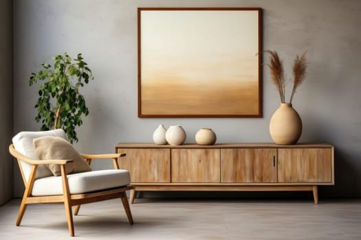 Wooden rustic cabinet near wall with poster frame with copy space.