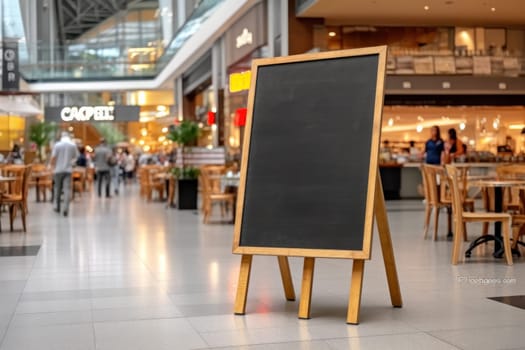 Advertising blank Blackboard, Blank restaurant shop sign or menu boards in shopping mall center, Blackboard sign mockup in front of a restaurant Signboard, Generative AI.