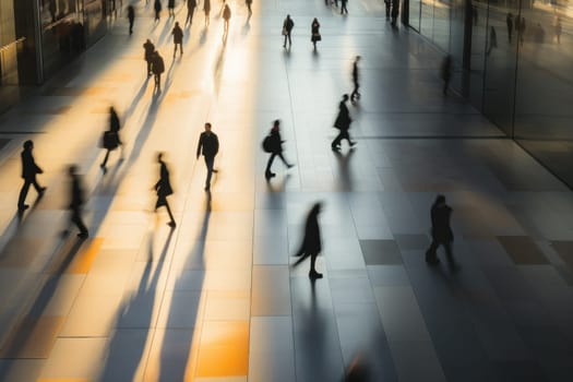 Above view of people walking in motion blur background.