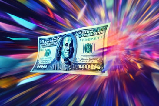 dollar bills falling with colorful abstract background.