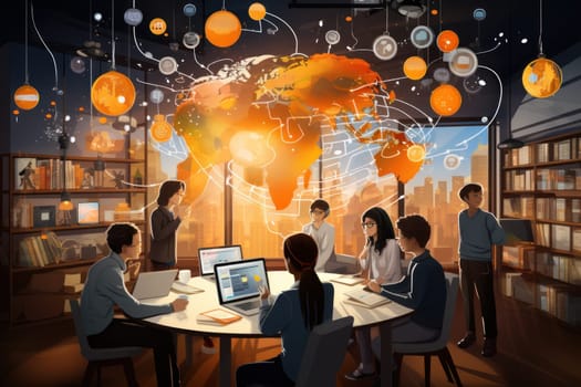 group student in class room, students in a library, Round table discussion, illustrator, Generative AI.