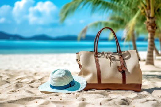 Summer Bag On Tropical Sand, Accessories Hat Towel With Leaves Palm And Blue Sea.