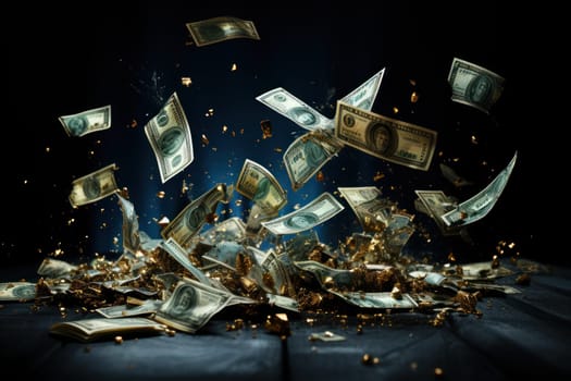 dollar bills falling with darkness background, money rain concept.