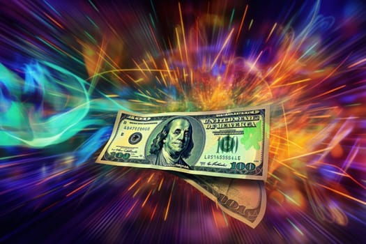 dollar bills falling with colorful abstract background.