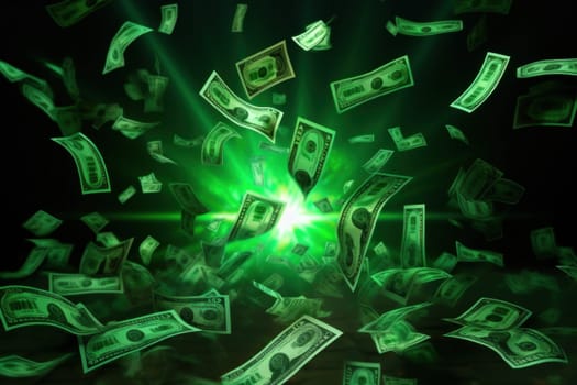 dollar bills falling with colorful abstract background.