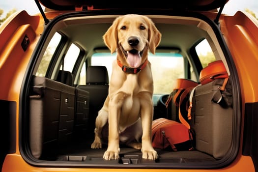 Car trunk with cute Dog and luggage Dog Travel concept Generative AI.
