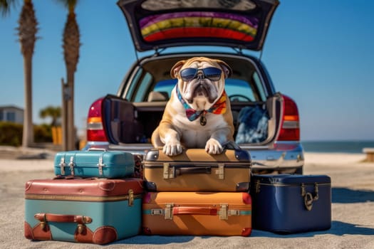 Car trunk with cute Dog and luggage Dog Travel concept Generative AI.