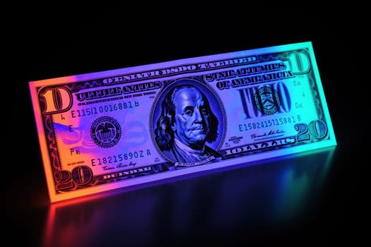 dollar bills falling with Neon colorful background.