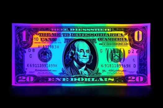 dollar bills falling with Neon colorful background.