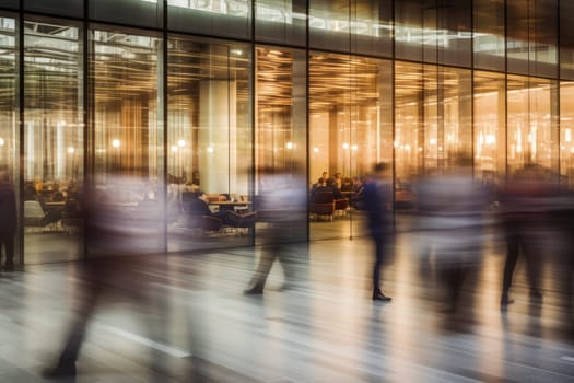 An office building with a huge people flow, fast shutter, Business people walking, Generative AI.