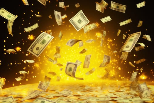 dollar bills falling with colorful abstract background.