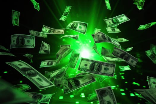 dollar bills falling with colorful abstract background.