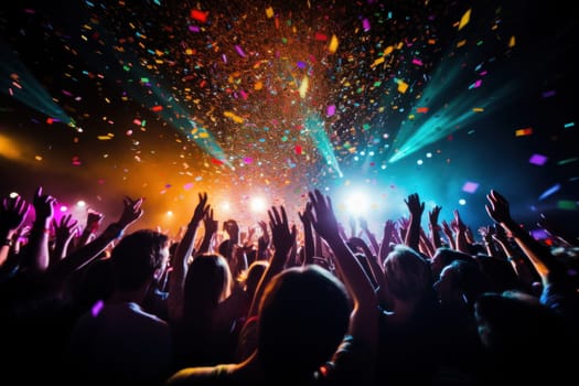 a vibrant concert crowd illuminated by colorful stage lights and surrounded by falling confetti.