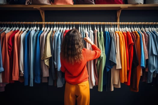 A shopper browsing through colorful clothing racks in a boutique.
