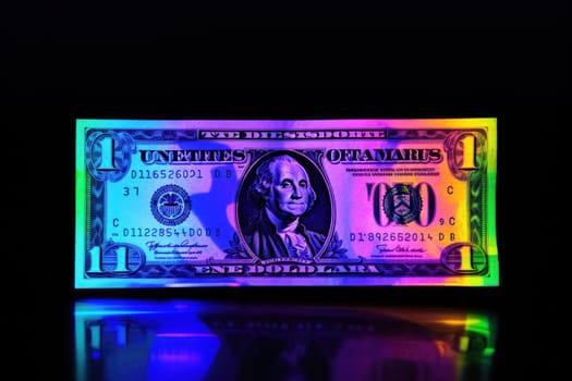 dollar bills falling with Neon colorful background.