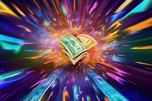 dollar bills falling with colorful abstract background.