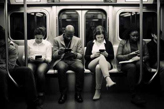 Photo of peoples sitting in subway and using smart phone.