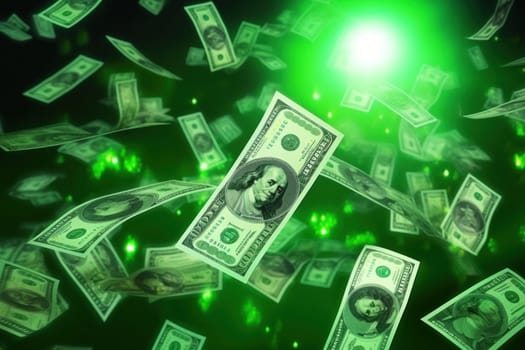 dollar bills falling with colorful abstract background.