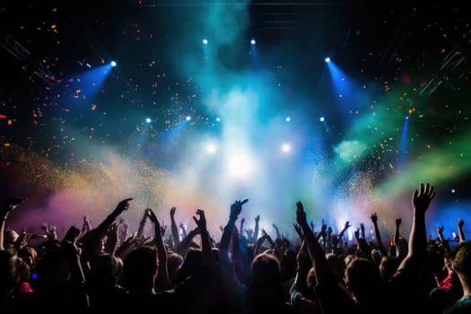 a vibrant concert crowd illuminated by colorful stage lights and surrounded by falling confetti.