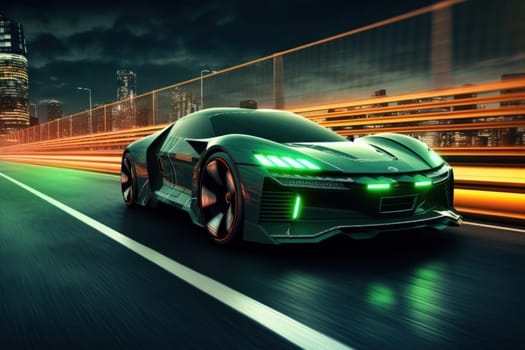 Showcase the futuristic power of a light green and black electric car speeding down a sleek highway.