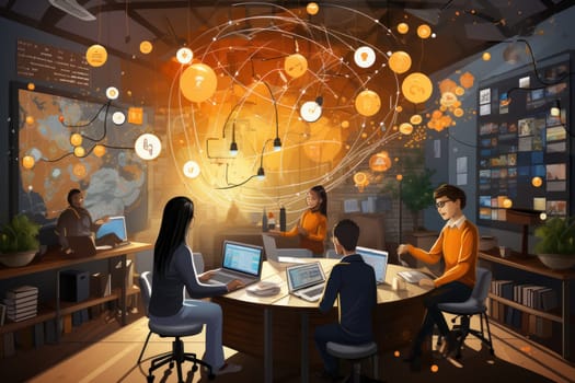 group student in class room, students in a library, Round table discussion, illustrator, Generative AI.