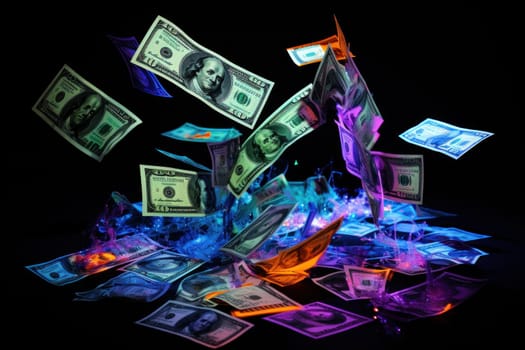 dollar bills falling with Neon colorful background.