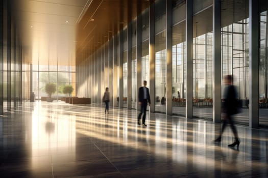 An office building with a huge people flow, fast shutter, Business people walking, Generative AI.