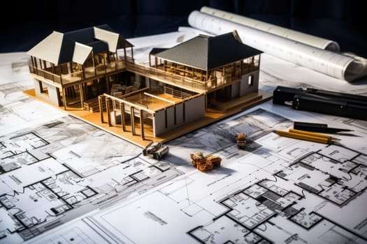 House models sit on top of several different architects drawings and floor plan.