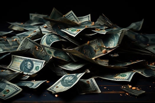 dollar bills falling with darkness background, money rain concept.