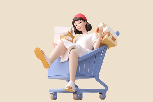 A girl is sitting in a shopping cart beige background 3d icon clay render Generative AI.