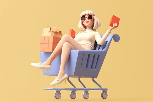 A girl is sitting in a shopping cart beige background 3d icon clay render Generative AI.