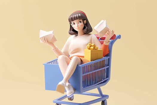 A girl is sitting in a shopping cart beige background 3d icon clay render Generative AI.