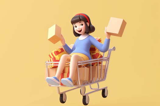 A girl is sitting in a shopping cart beige background 3d icon clay render Generative AI.