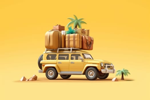 Summer vacation travel holiday van and beach accessories with beautiful sea background Generative AI.