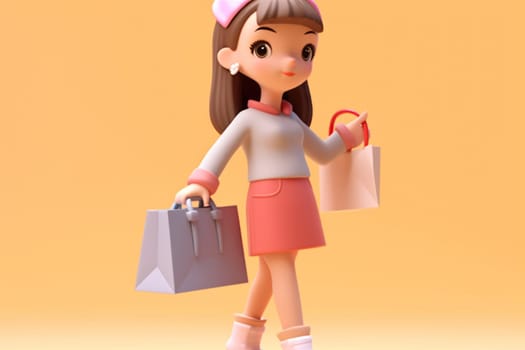 A girl and shopping cart shopping concept 3d Tiny cute isometric Generative AI.