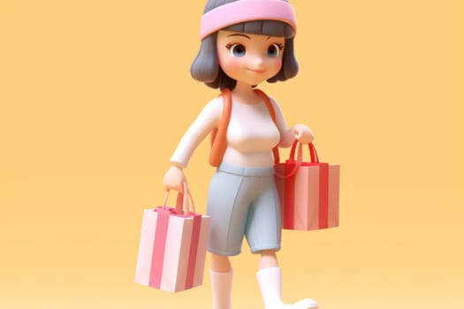 A girl and shopping cart shopping concept 3d Tiny cute isometric Generative AI.