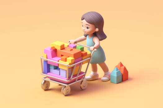 A girl and shopping cart shopping concept 3d Tiny cute isometric Generative AI.