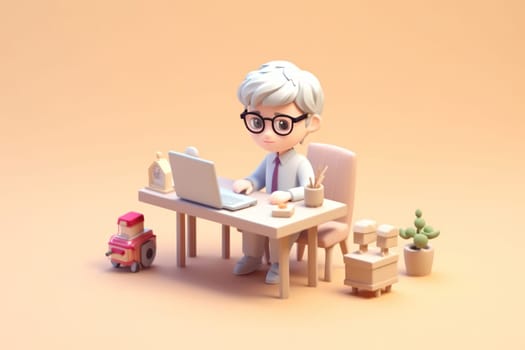 A business boy working with laptop on desk 3D Tiny cute isometric Generative AI.
