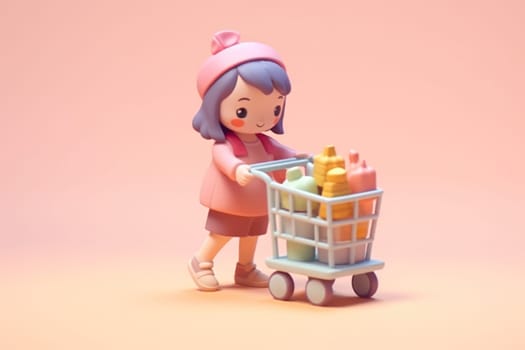 A girl and shopping cart shopping concept 3d Tiny cute isometric Generative AI.