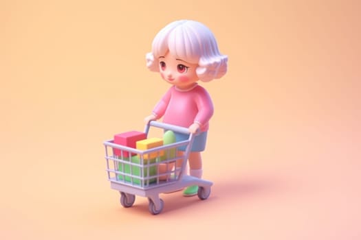 A girl and shopping cart shopping concept 3d Tiny cute isometric Generative AI.